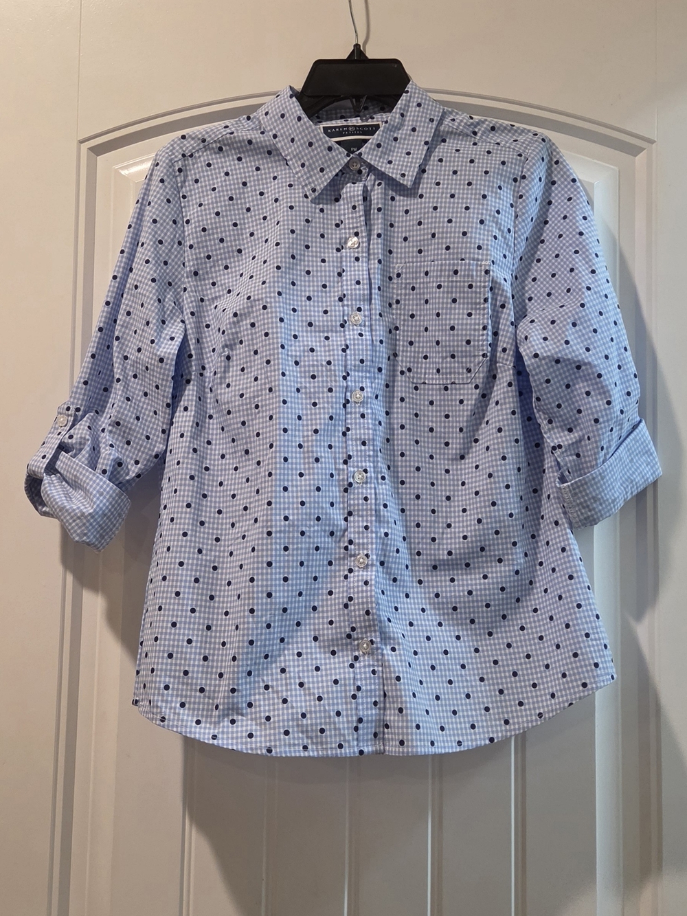 Karen Scott Light Blue Button-Down Shirt with Navy Polka Dots